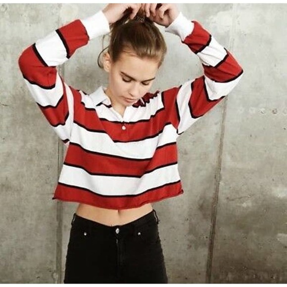 Brandy Melville red blue striped crop polo preppie Jonny top shirt os one size